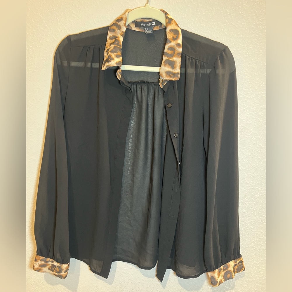 Forever 21 Black Animal Print See-through Top Size S